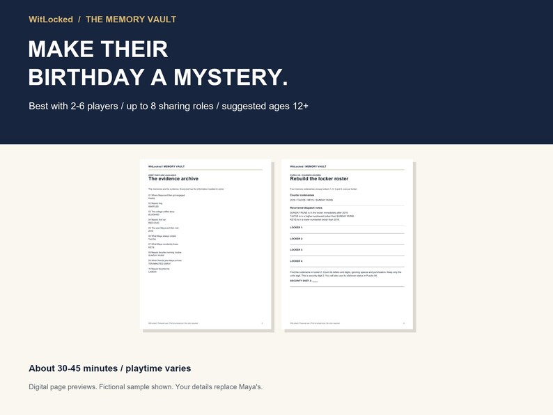 May include: A WitLocked The Memory Vault game set featuring two white pages with black text. The top page displays the title Make Their Birthday A Mystery, player counts, and age recommendations. The bottom shows two document previews titled The Evidence Archive and Rebuild The Locker Roster with lines for notes.