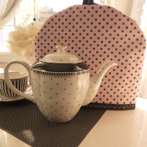 Teapot Cozy Thermal Tea Pot Cover Pink Gray Polka Dots Large