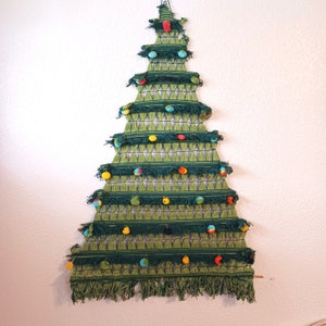 Vintage 1970s Macrame Christmas Tree Wall Hanging Dark and Light Green Multi-Color Pom Poms Boho Minimalist Decor 36"