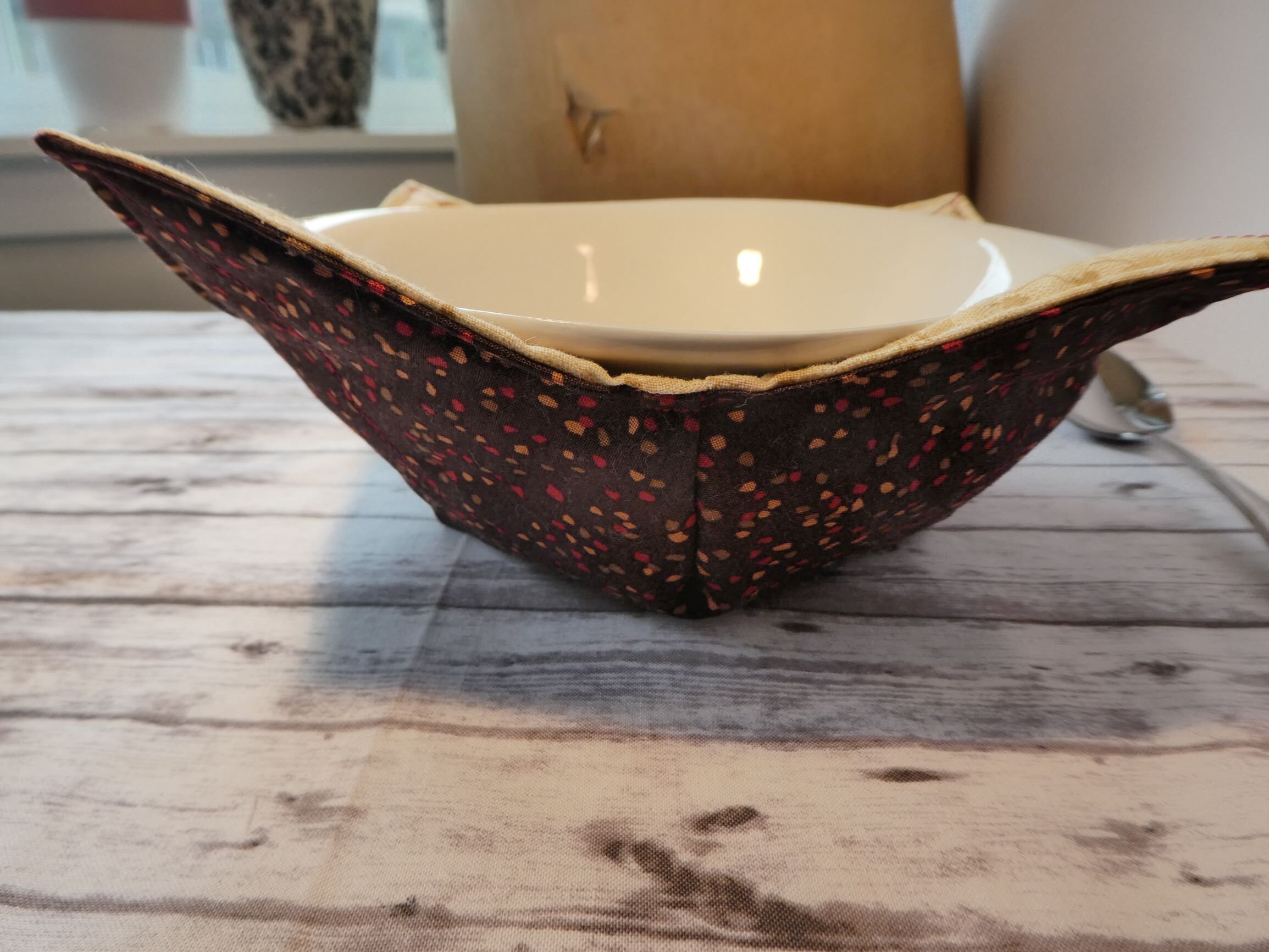 Bowl Cozy Microwave Soup Bowl Hot Pad Brown Red Flecks Gold Etsy UK