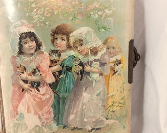 Vintage 1880s Victorian Celluloid Photo Album with Girls and Kittens Brass Clasp 10x8&quot; **Damage