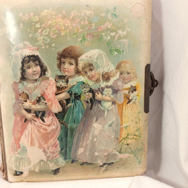 Vintage 1880s Victorian Celluloid Photo Album with Girls and Kittens Brass Clasp 10x8" **Damage