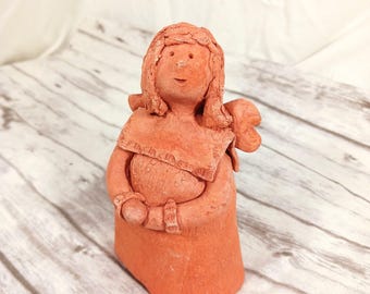 Vintage Terracotta Red Clay Folk Art Handmade Christmas Angel Female Figure 4"