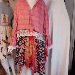 Upcycled Asymmetrical Men&#39;s Shirt Floor Length Duster Red White Plaid Houndstooth Floral Shirt Dress Boho Shacket Lace XL XXL