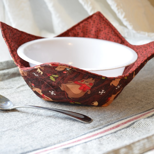 Bowl Cozy Reversible Thermal Hot Pad Microwave Soup Bowl Holder Brown Red Bear Dear Floral