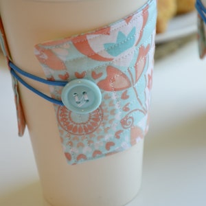 Quilted Fabric Cup Cozy Thermal Drink Sleeve Hot or Cold Beverage Holder Aqua Orange Flowers Elastic Loop and Button