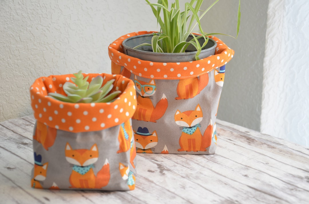 Reversible Indoor Plant Pot Cover Fabric Basket Orange Gray White Foxes