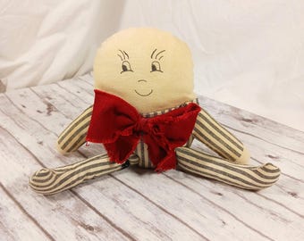 Vintage Handmade Humpty Dumpty Cloth Doll Nursery Rhyme Articulating Limbs Gray White Stripes Red Bow 8.5&quot;