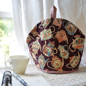 Insulated Teapot Cozy Quilted Fabric Tea Cover Thermal Tea Pot Warmer Burgandy Teal Vintage Teapot Medium