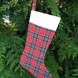 Christmas Stocking Fully Lined Red and Green Christmas Plaid Tartan White Cuff - Medium