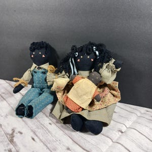 Vintage 1980s African-American Family of 3 Folk Art Rag Dolls Mom Dad Baby Handmade 7.5&quot;