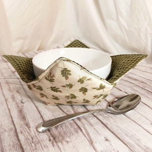 Bowl Cozy Reversible Thermal Hot Pad Microwave Soup Bowl Holder Small Green Leaves Pink Buds Cream Background Green Black Check