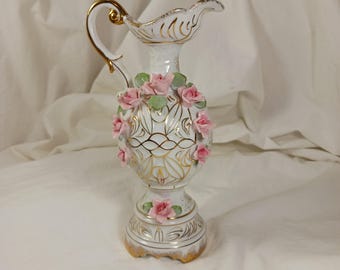 VTG 1940s Lefton&#39;s Exclusive Japan Hand Painted Ewer Pitcher White Gold Pink Rose Flower Vase 7&quot; READ