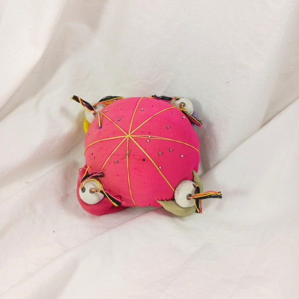 Vintage 1950s Asian Oriental Silk Pin Cushion Hot Pink Gold Thread 4 Babies Pink Green Yellow Purple 3.5"