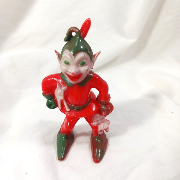 Vintage MCM Rosbro Christmas Elf Red Green Pixie Hard Plastic Holding Toys Standing Holiday Decoration 3"