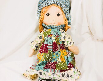 VTG anni '70 Knickerbocker Holly Hobbie Rag Doll Patchwork Dress Bonnet 16"