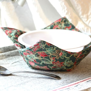 Bowl Cozy Reversible Thermal Hot Pad Microwave Soup Bowl Holder Green Red Abstract Floral
