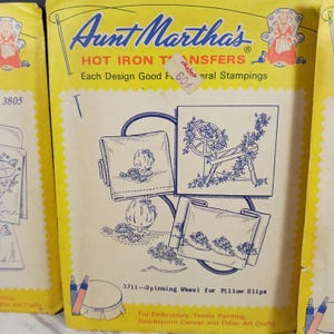 Vintage &#39;50s Aunt Martha&#39;s Hot Iron Transfers #3711 Spinning Wheel for Pillow Slips NEW NOS Sealed