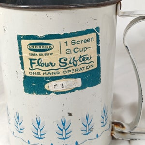 Vintage 50s Androck Metal Flour Sifter White with Blue Floral Pattern