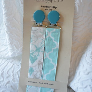 Baby Pacifier Soother Keeper Dummy/Binky Holder Baby Shower Gift Cotton Fabric Aqua Blue White Butterflies Set of 2