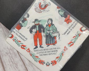 Vintage anos 1960 Look Wunst It Gifs Pensylvania Dutch Pantry Souvenir Cocktail Guardanapos Amish Sayings Amos e Becky 24ct NOS