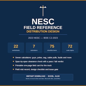 Può includere: Una guida digitale NESC Field Reference Distribution Design per 2023 IEEE C2-2023. Include 22 fogli di lavoro, 7 calcolatrici, 75 elementi di lista di controllo e 72 argomenti di codice. Contiene controlli di spazio e schede di campo stampabili.