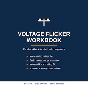 Può includere: Una copertina di cartella di lavoro digitale blu scuro intitolata VOLTAGE FLICKER WORKBOOK. Presenta un'icona bianca e dorata, una linea orizzontale dorata e un elenco di funzionalità tra cui il calo di tensione all'avvio.