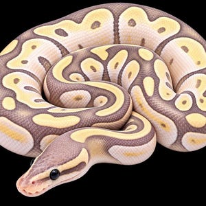 May include: A ball python with a light lavender and tan base color featuring a pattern of pale yellow, irregular blotches outlined in a darker shade. The snake is coiled in a circular shape with its head positioned at the bottom left corner.