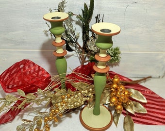 Copper Taper Candlesticks, Set of 2 Hand Painted Candle Holders, Southwest Cactus Colors, Warm Sage Cream and Copper Desert Colors