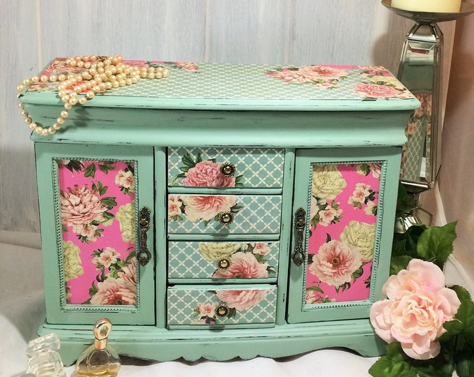 Very Large Aqua Jewelry Box Armoire Large Jewelry Box Vintage Etsy
