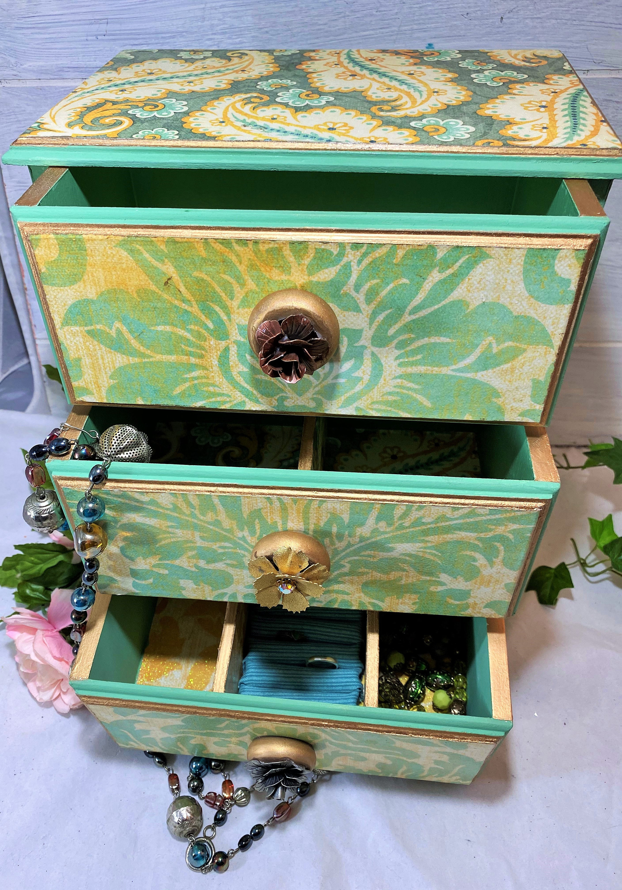 Hollywood Regency Jewelry Box Boho Jewelry Box Green Damask Etsy