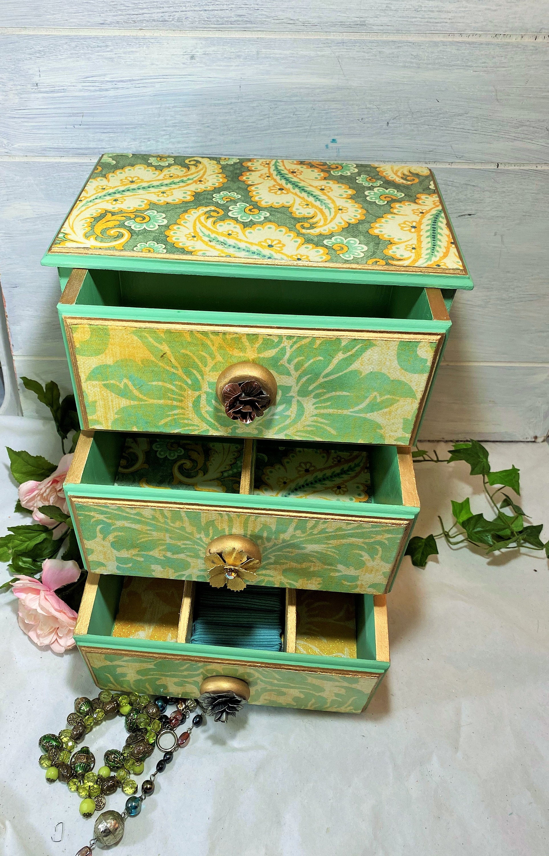 Hollywood Regency Jewelry Box Boho Jewelry Box Green Damask Etsy