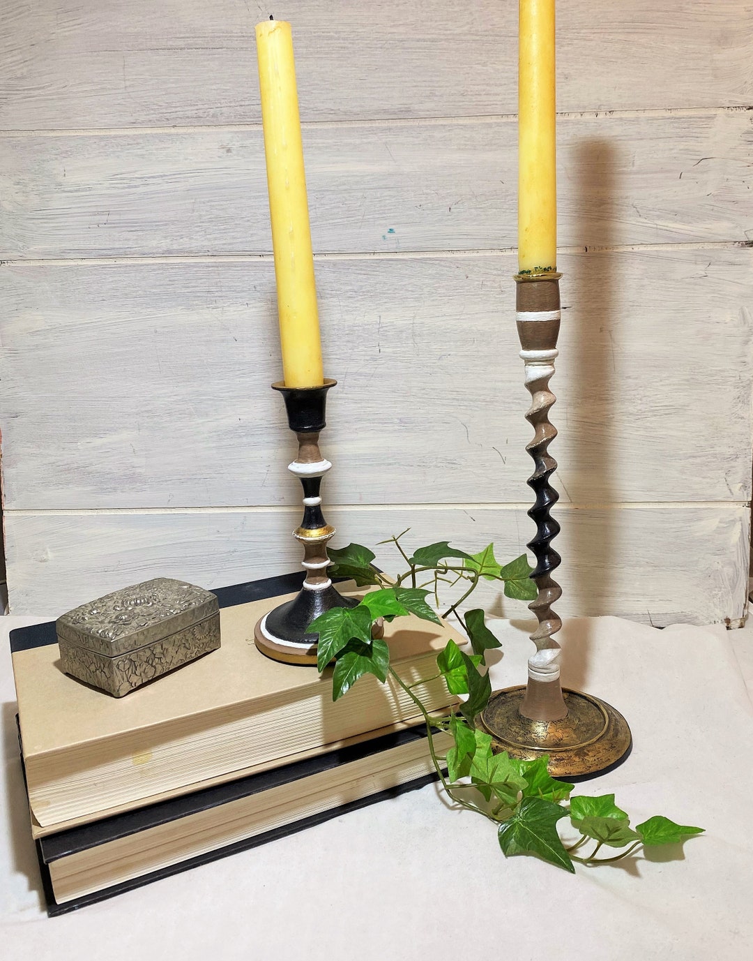 Tall Candlesticks Set of 2 Hand Painted Ombré in Black Tan Etsy