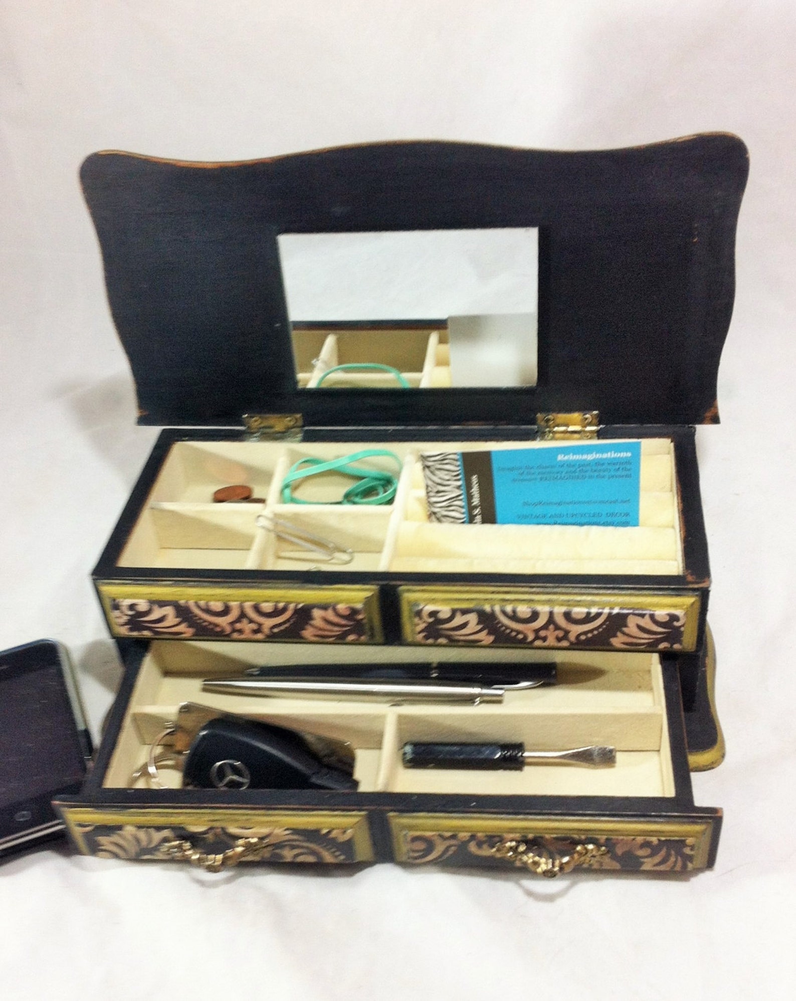 Black Damask Jewelry Box Men's Jewelry Organizer Gold Etsy