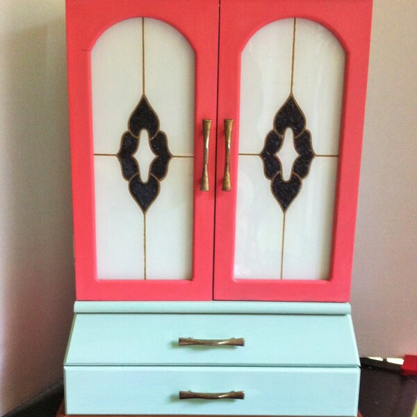 Mid Century Modern Jewelry Box Amoire Painted with Aqua and Coral Art Deco Black and White Doors , Mirror Jewelry Cabinet