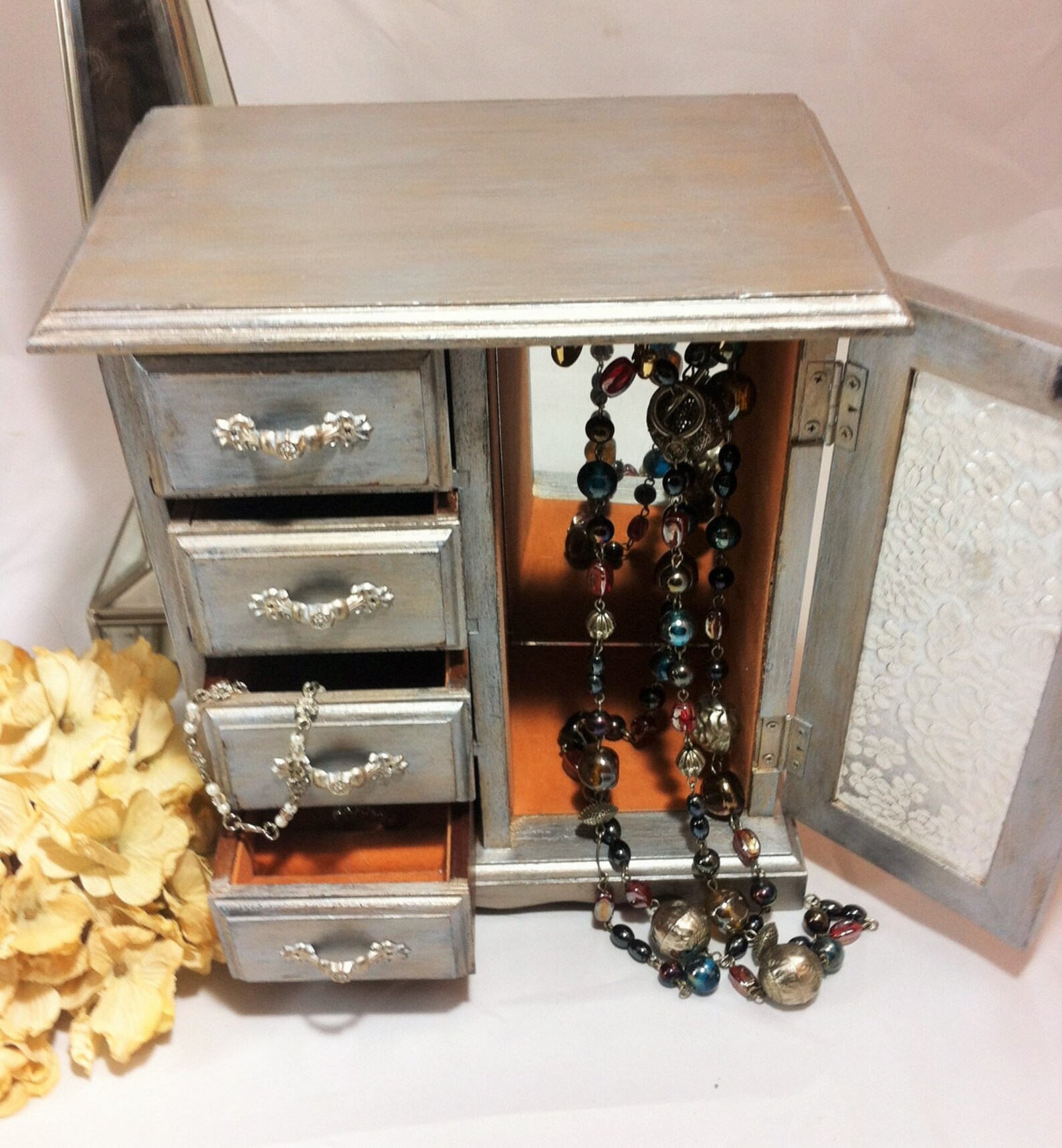 Vintage Silver Jewelry Box Armoire Hand Painted Gold Metallic Etsy