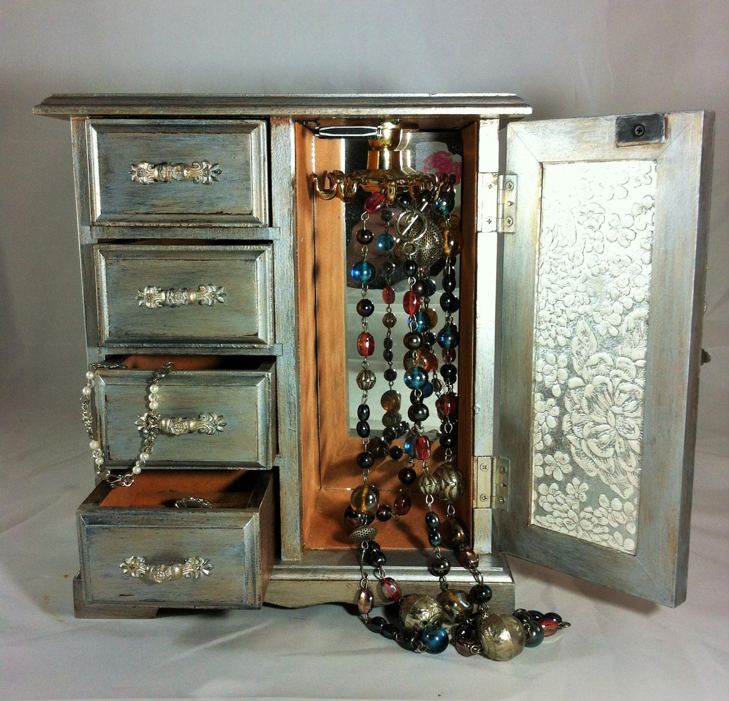 Vintage Silver Jewelry Box Armoire Hand Painted Gold Metallic Etsy