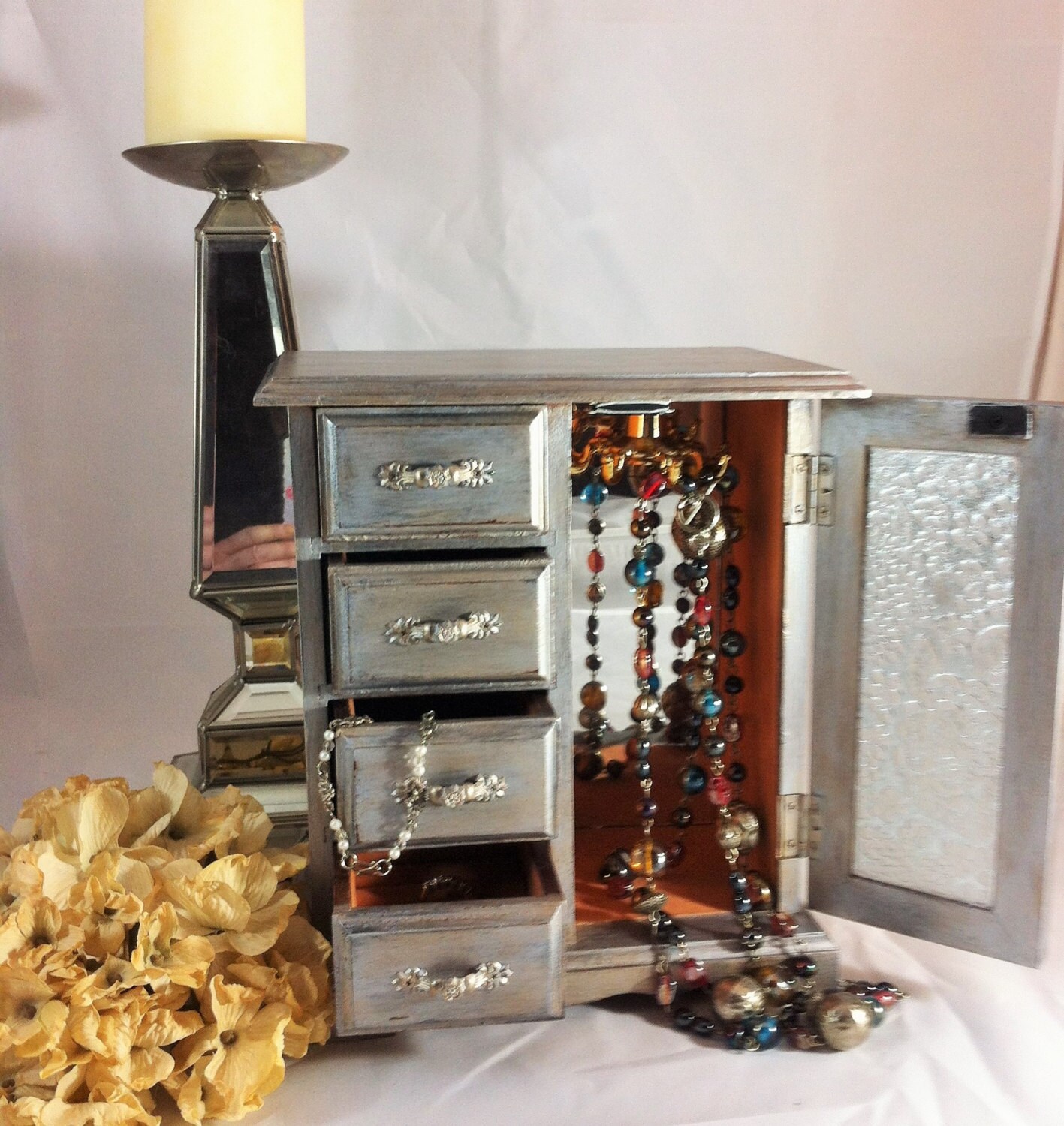 Vintage Silver Jewelry Box Armoire Hand Painted Gold Metallic Etsy