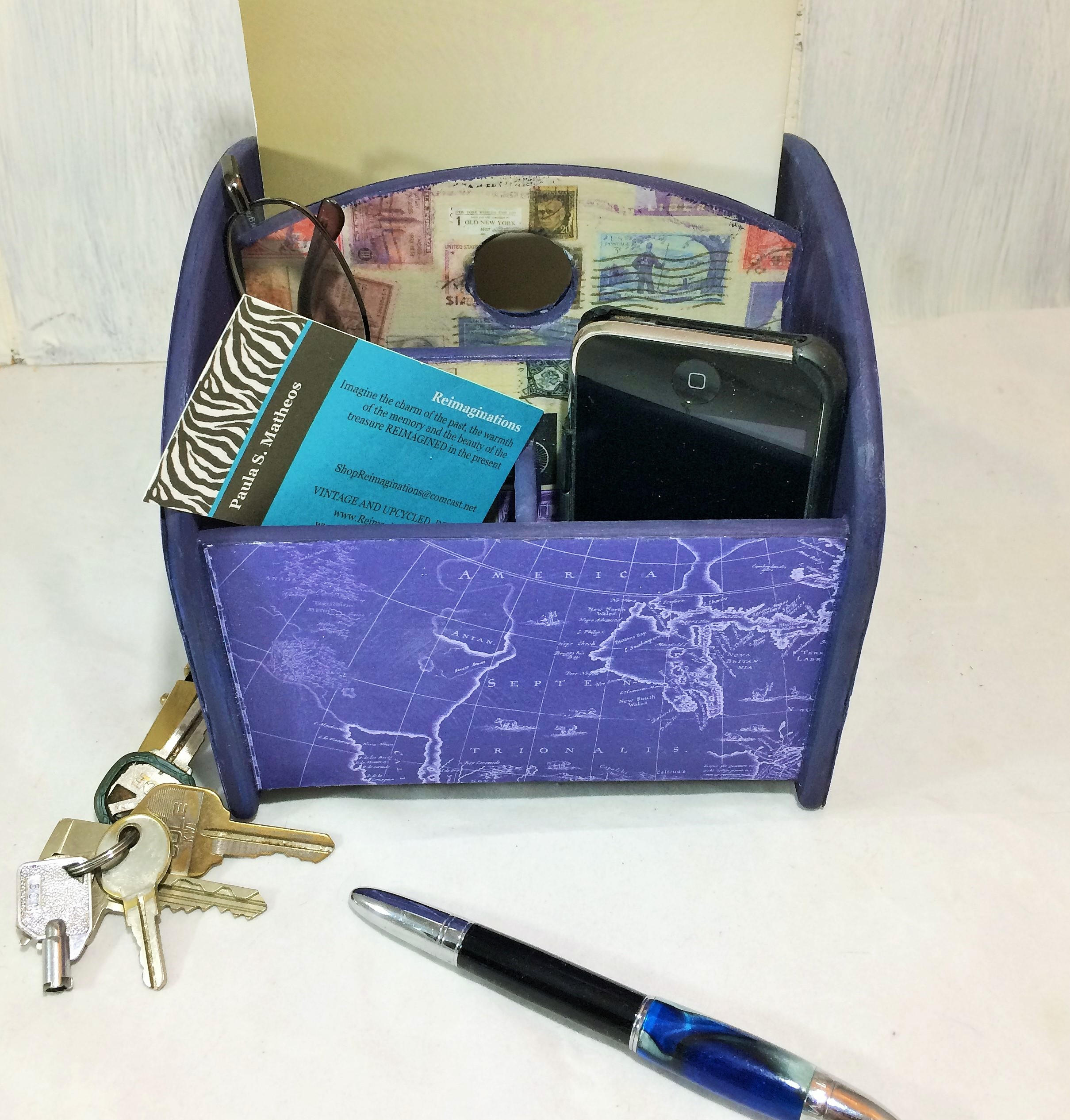 Vintage Map Desk Accessory Navy Blue Postage Stamp Caddy Swivel Office Supply Holder Top Letter Men S