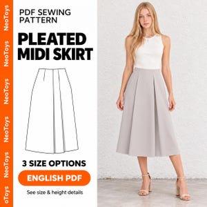 Puede incluir: Un patrón de costura en PDF para una falda midi plisada con 3 opciones de talla. La imagen muestra el texto PDF SEWING PATTERN, PLEATED MIDI SKIRT, 3 SIZE OPTIONS, ENGLISH PDF, junto a un dibujo lineal y una foto de la falda.