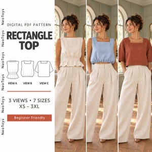Puede incluir: Un patrón PDF digital para un top rectangular con tres vistas, siete tallas de XS a 3XL e instrucciones para principiantes. La imagen muestra tres variaciones del top en beige, azul claro y óxido, combinadas con pantalones beige.