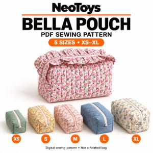 Peut inclure: Un patron de couture PDF NeoToys Bella Pouch disponible en cinq tailles, du XS au XL. L'image montre une grande pochette matelassée à volants avec un motif floral rose, accompagnée de cinq pochettes plus petites aux tissus variés.