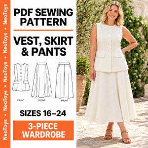 May include: A PDF sewing pattern for a 3-piece wardrobe including a vest, skirt, and pants in sizes 16-24. The image displays technical line drawings of the garments and a photograph of a cream-colored sleeveless vest and matching midi skirt.