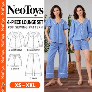 May include: A 4-piece lounge set PDF sewing pattern by NeoToys for sizes XS-XXL. Includes line drawings for a short sleeve top, long sleeve top, shorts, and pants, all featuring scalloped collars and hems, shown in blue and white gingham fabric.