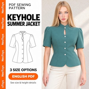May include: A PDF sewing pattern for a keyhole summer jacket featuring a teal short-sleeved jacket with a mandarin collar, a front keyhole cutout, and square buttons. The graphic includes a technical line drawing, the text PDF SEWING PATTERN KEYHOLE SUMMER JACKET, and 3 SIZE OPTIONS.