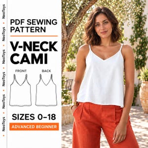 Puede incluir: Un patrón de costura en PDF para una camiseta de tirantes con cuello en V, con una ilustración de una camiseta blanca con vistas frontal y trasera, etiquetado para tallas 0-18 y nivel principiante avanzado, con la marca NeoToys impresa.