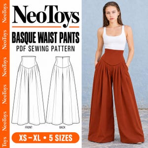 Può includere: Un cartamodello PDF per pantaloni a vita basca NeoToys nelle taglie dalla XS alla XL. L'immagine mostra una canotta bianca e pantaloni larghi color ruggine con vita basca alta, insieme a un disegno tecnico della vista frontale e posteriore.