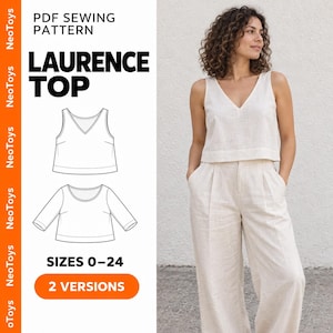 Top Sewing Pattern PDF, Women's Cropped Linen Top, Sleeveless V Neck Top & 3/4 Sleeve Top, Woven Top Sizes 0-24, A0 A4 US Letter