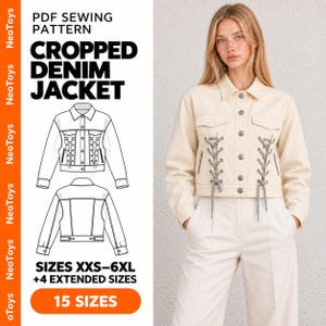 Könnte beinhalten: Ein PDF-Schnittmuster für eine kurze Jeansjacke mit seitlichen Schnürdetails. Das Bild zeigt den Text PDF SEWING PATTERN CROPPED DENIM JACKET SIZES XXS-6XL +4 EXTENDED SIZES 15 SIZES sowie technische Strichzeichnungen und eine Jacke.