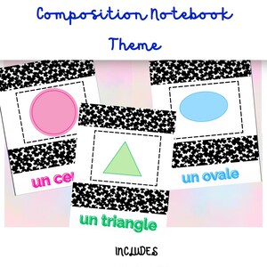 Op de afbeelding: Educatieve posters met Franse vormen en een zwart-wit notitieboekpatroon. De posters tonen een roze cirkel, een groene driehoek en een lichtblauw ovaal. Tekst: FRENCH SHAPE POSTERS, Composition Notebook, Theme, un cercle, un triangle, un ovale, INCLUDES -10 2D SHAPES, -7 3D SHAPES.